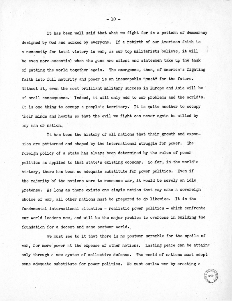 Speech of Senator Harry S. Truman at Before the Mount Washington Lodge, Kansas City, Missouri