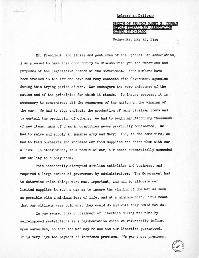 Speech of Senator Harry S. Truman Before the Federal Bar Association at Chicago, Illinois