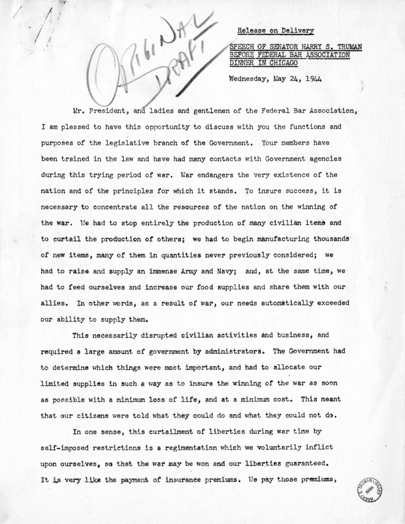 Speech of Senator Harry S. Truman Before the Federal Bar Association at Chicago, Illinois