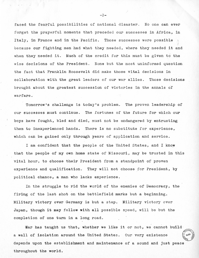 Speech of Vice Presidential Candidate Harry S. Truman at Lamar, Missouri