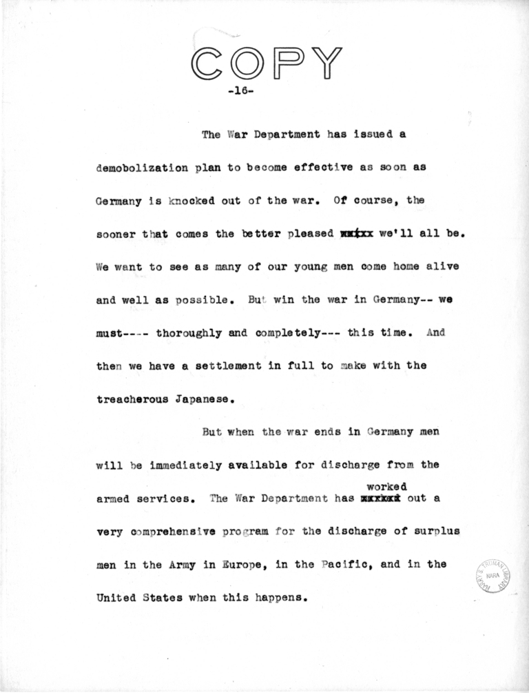 Draft Speech of Senator Harry S. Truman