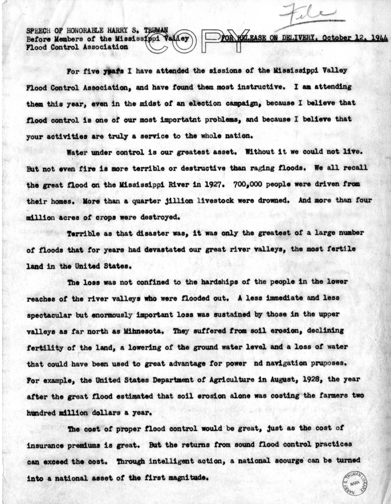 Speech of Senator Harry S. Truman at the Mississippi Valley Flood Control Assoication