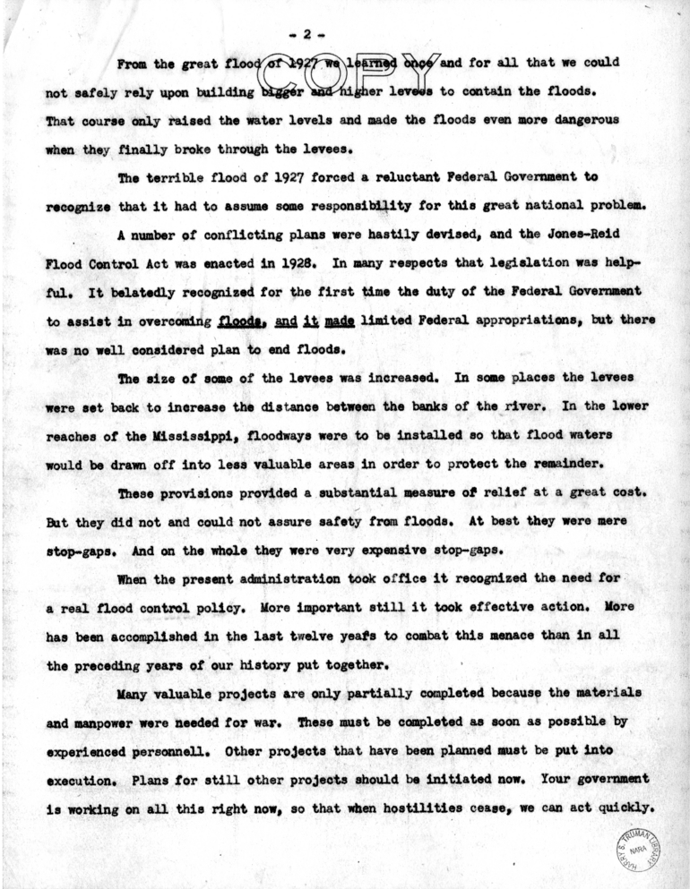 Speech of Senator Harry S. Truman at the Mississippi Valley Flood Control Assoication