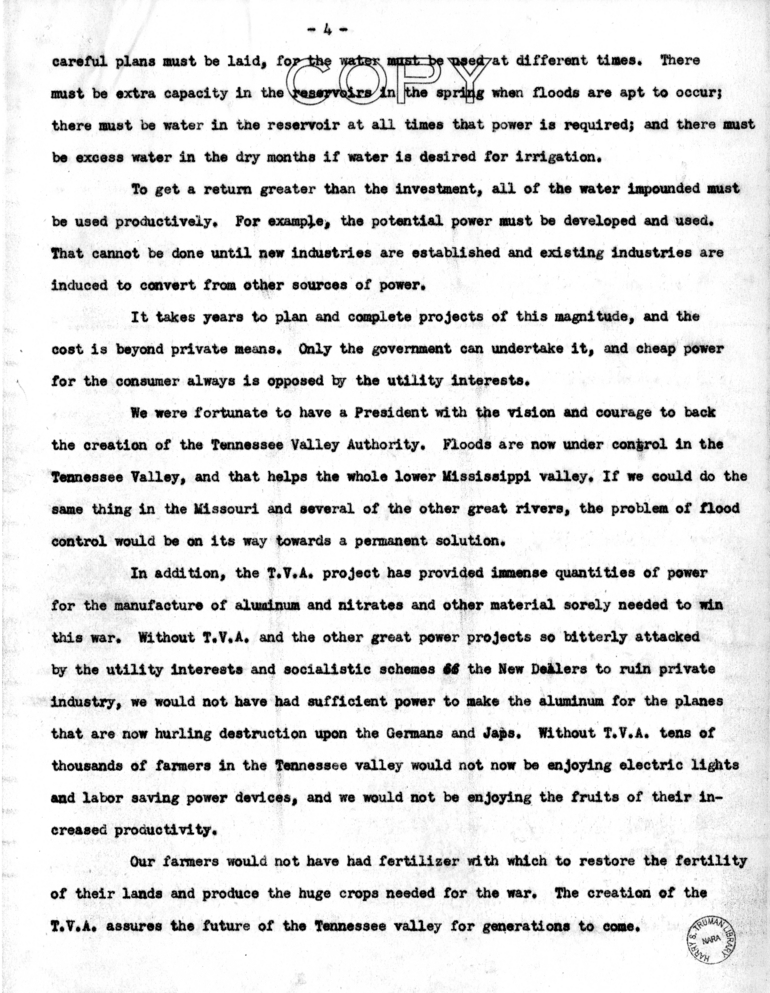 Speech of Senator Harry S. Truman at the Mississippi Valley Flood Control Assoication