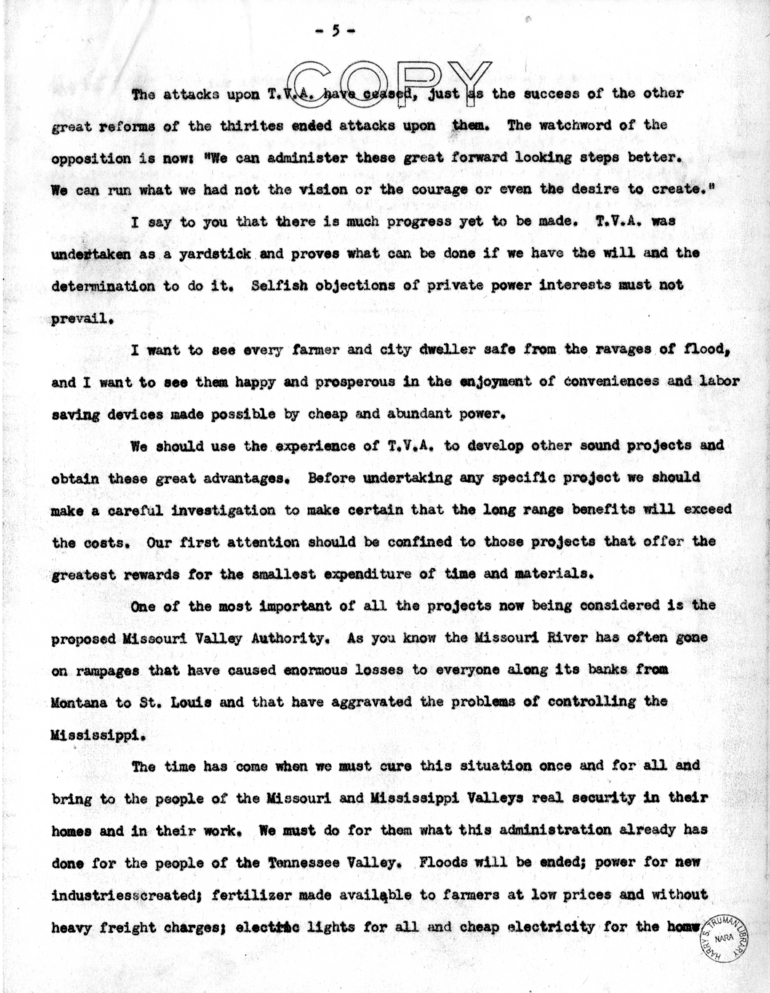 Speech of Senator Harry S. Truman at the Mississippi Valley Flood Control Assoication