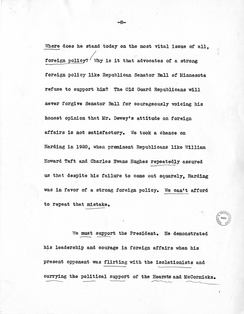 Draft Speech of Senator Harry S. Truman Delivered at Los Angeles, California