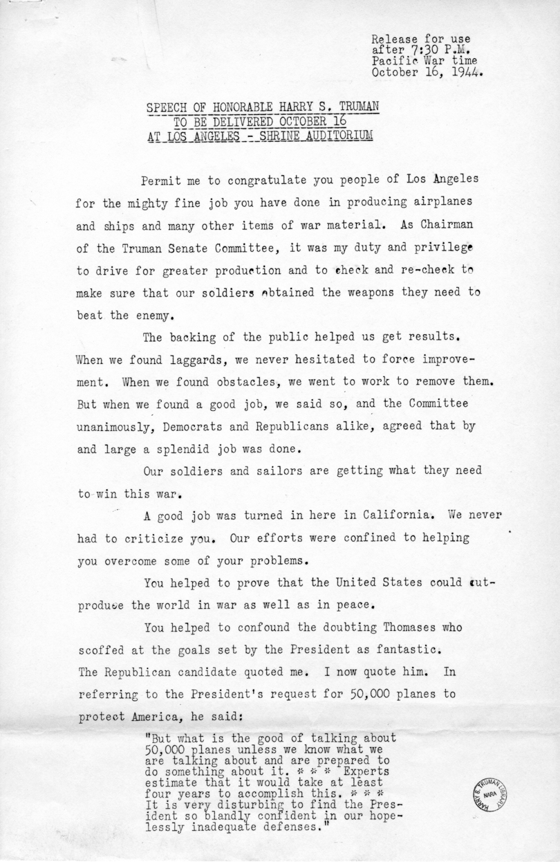 Speech of Senator Harry S. Truman at Los Angeles, California