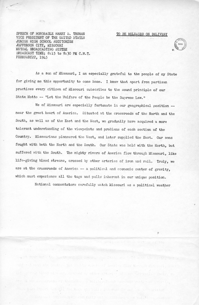 Press Release of Speech of Vice President Harry S. Truman at Jefferson City, Missouri