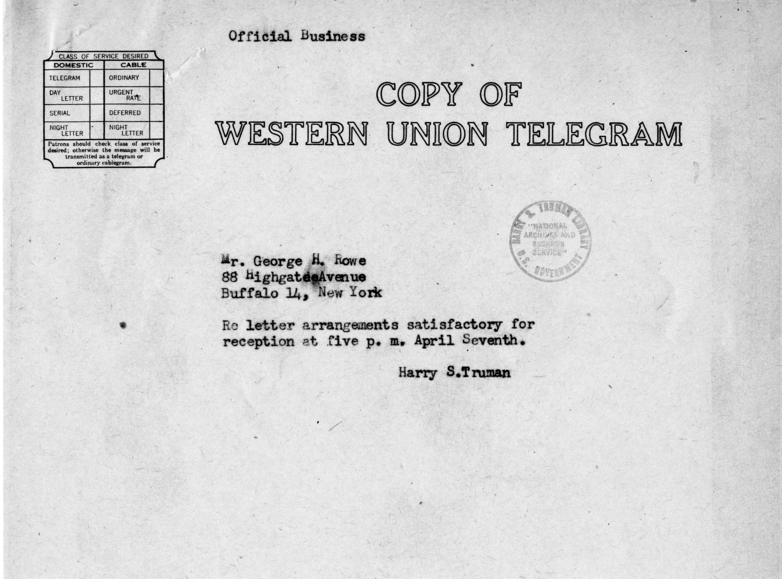 Correspondence Between George H. Rowe and Vice President Harry S. Truman