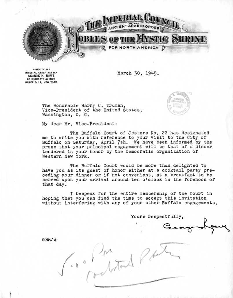 Correspondence Between George H. Rowe and Vice President Harry S. Truman