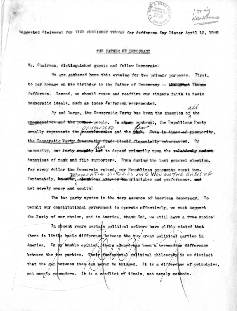 Suggested Draft Statement for Vice-President Harry S. Truman for Jefferson Day Dinner, Washington, D. C.