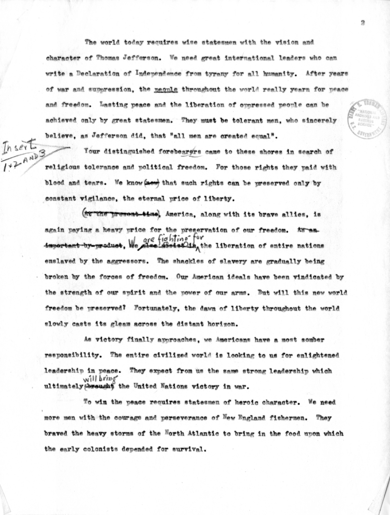 Draft Suggested Speech of Vice President Harry S. Truman at Providence, Rhode Island
