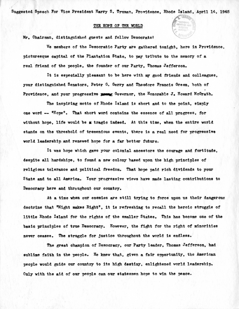Draft Suggested Speech for Vice-President Harry S. Truman at Providence, Rhode Island