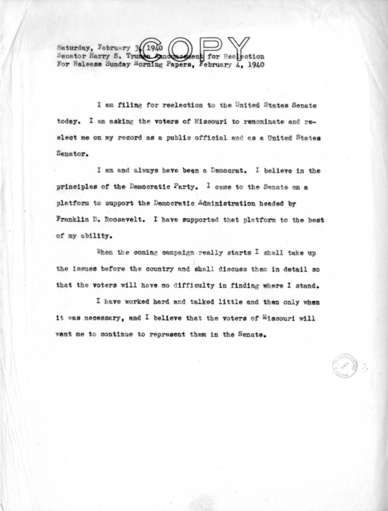 Press Release, Announcement of Senator Harry S. Truman for Reelection