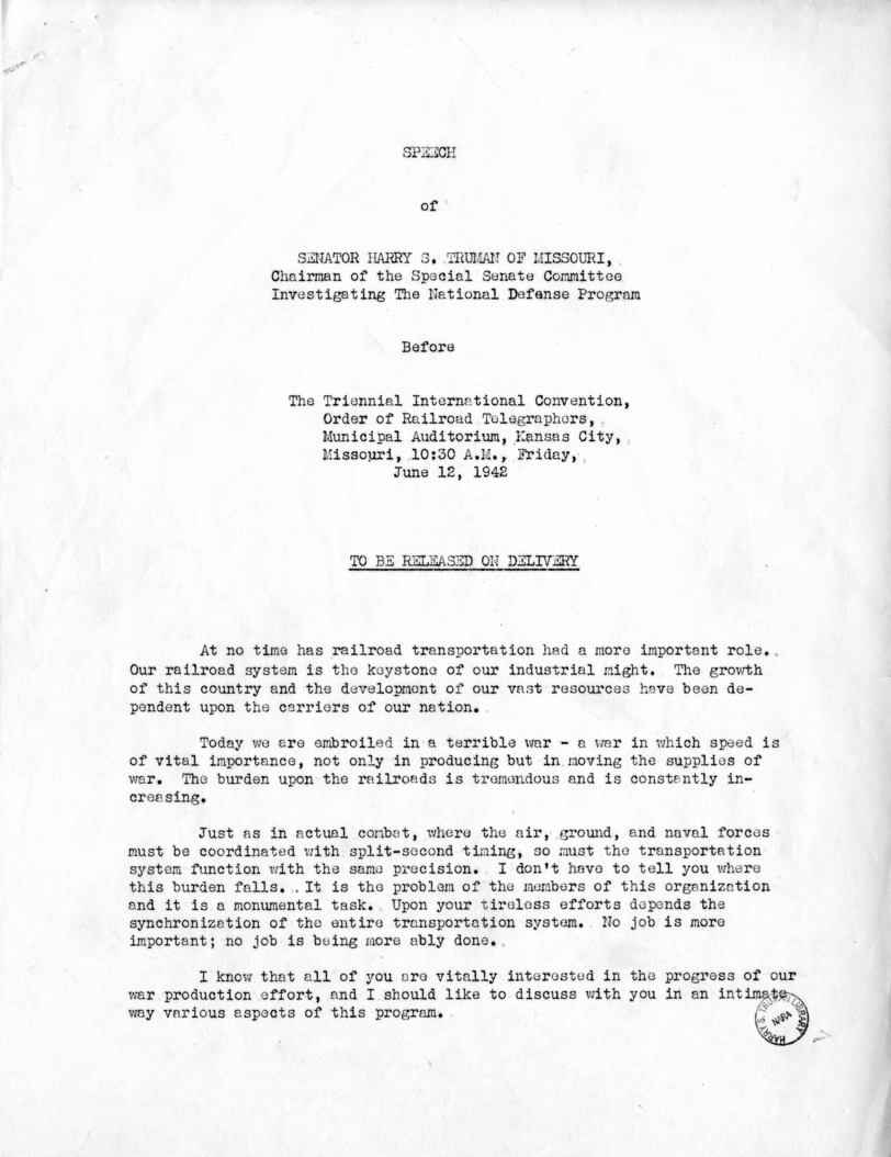 Draft Speech of Senator Harry S. Truman Before the International Convention, Order of Radio Telegraphers, Kansas City, Missouri