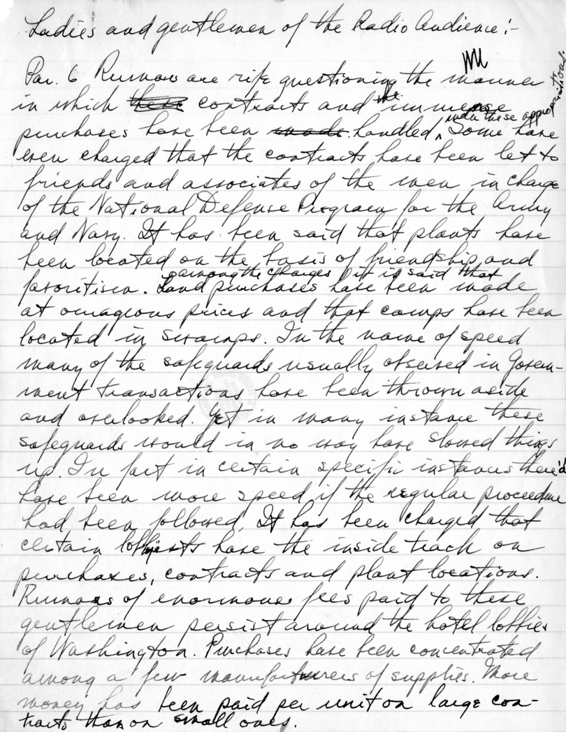 Handwritten Draft of Radio Speech by Senator Harry S. Truman