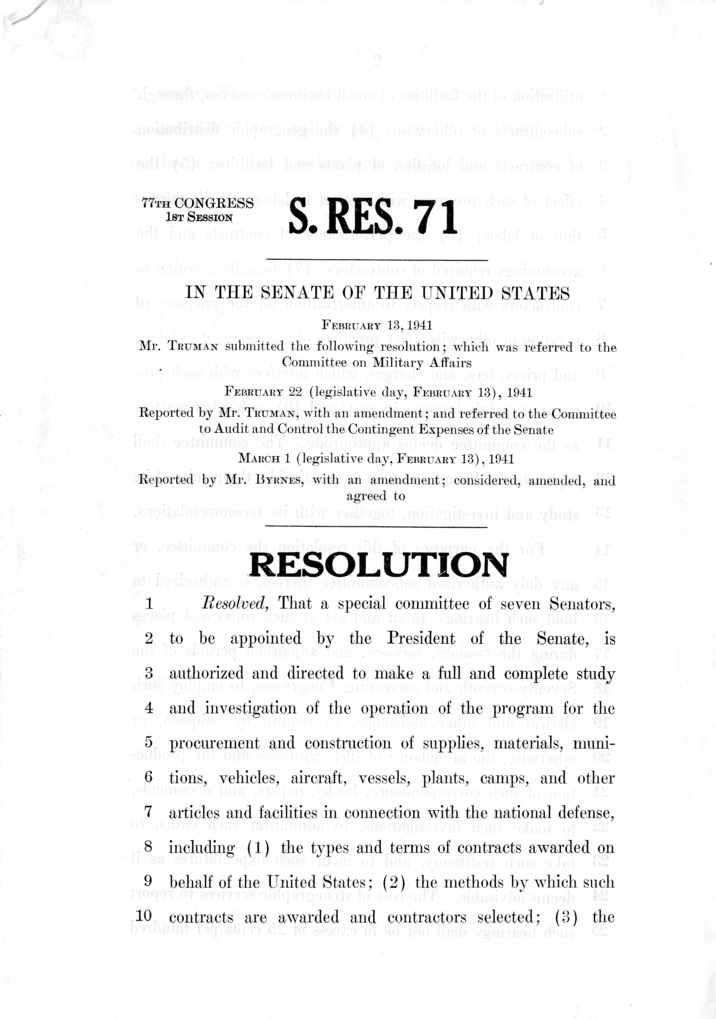 Senate Resolution 71, Submitted by Harry S. Truman