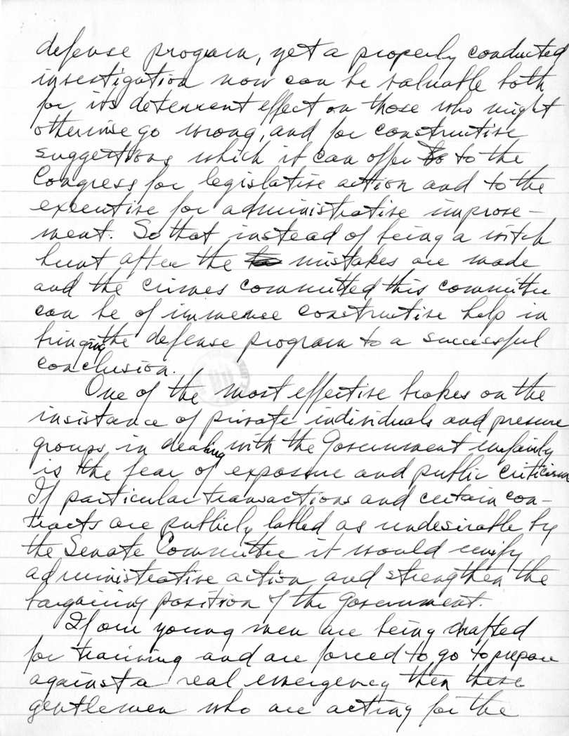 Handwritten Draft Speech of Senator Harry S. Truman