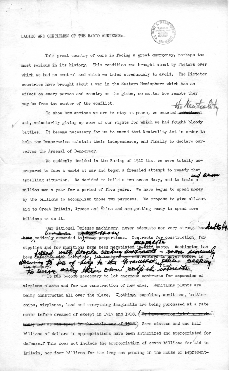 Draft Radio Speech of Senator Harry S. Truman