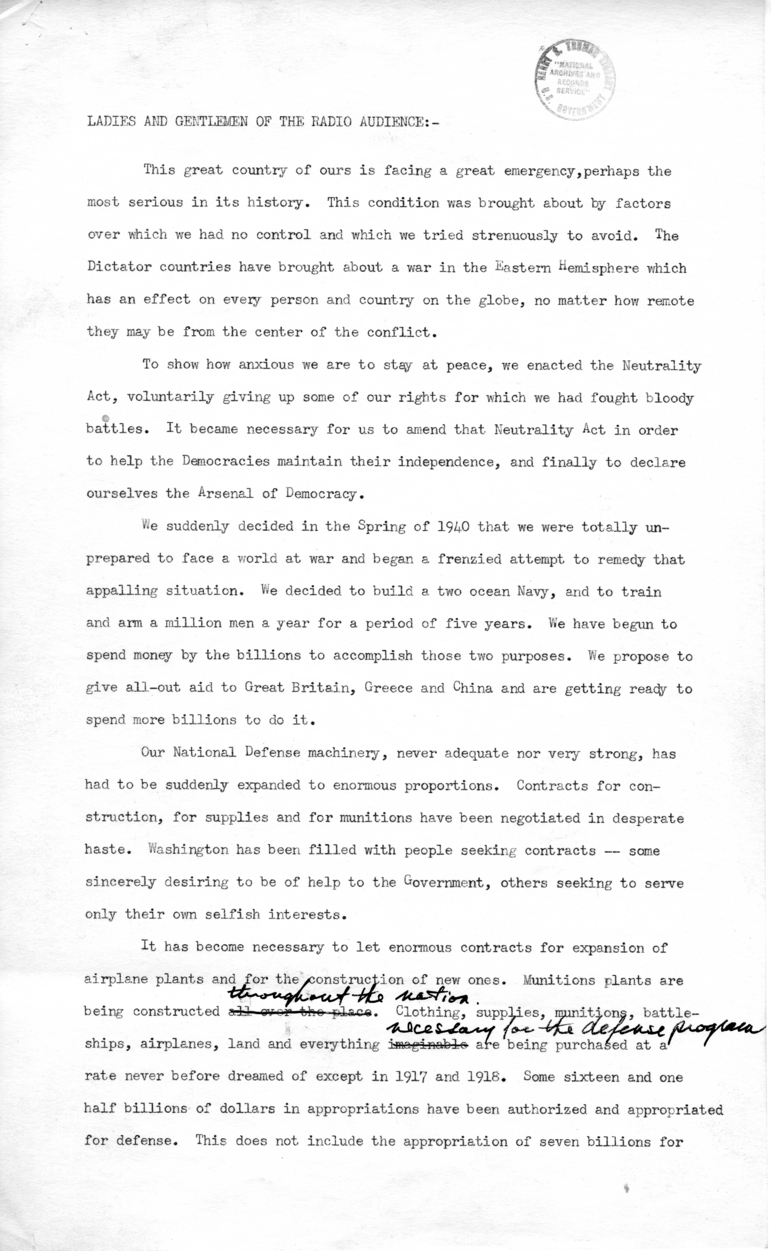 Draft of Radio Speech of Senator Harry S. Truman