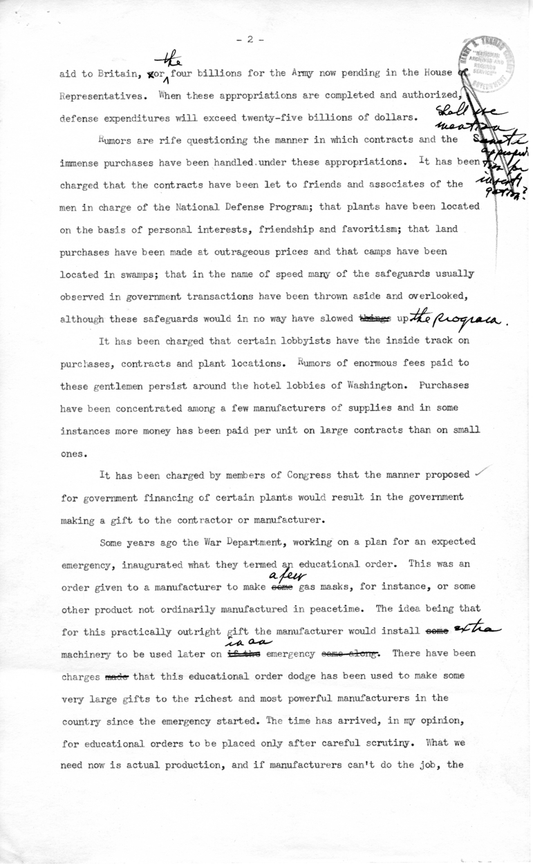 Draft of Radio Speech of Senator Harry S. Truman
