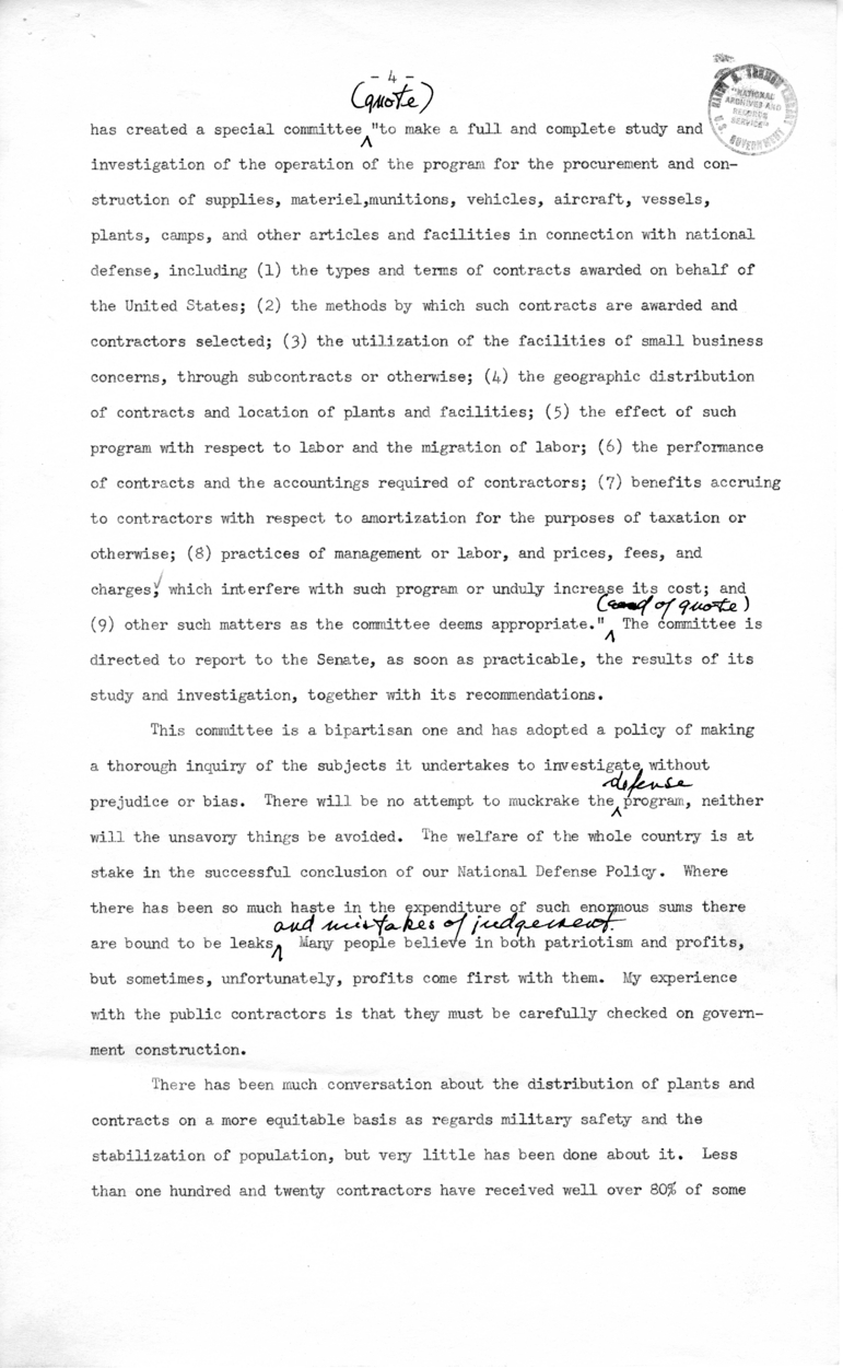 Draft of Radio Speech of Senator Harry S. Truman