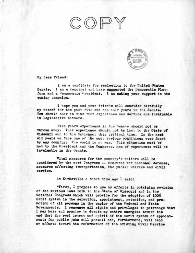 Draft of Letter from Senator Harry S. Truman to Supporters for His Reelection