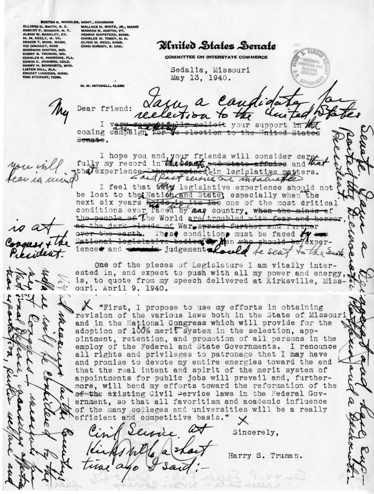 Draft of Letter from Senator Harry S. Truman to Supporters for His Reelection