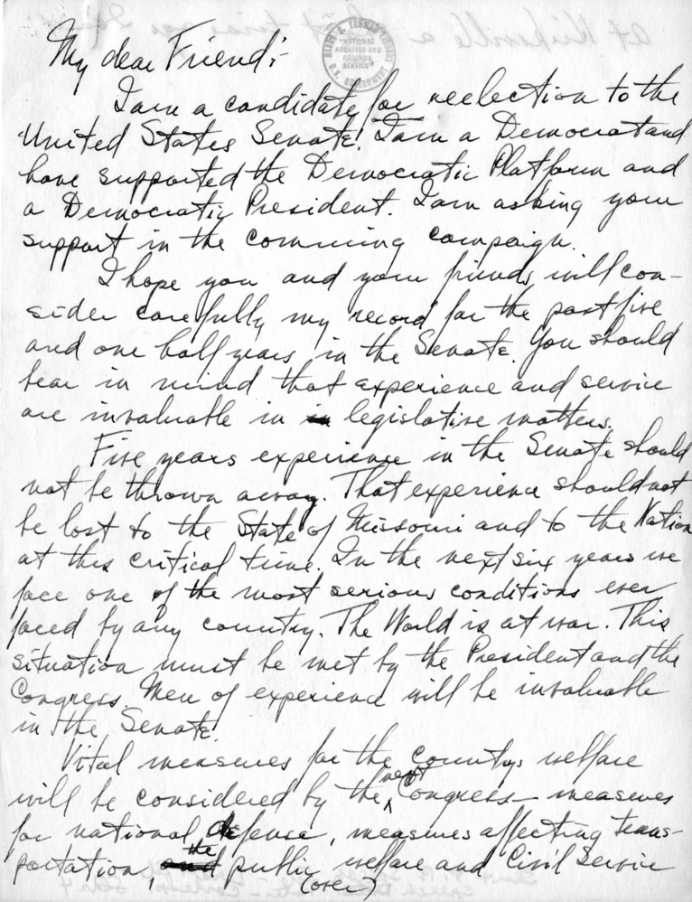 Draft of Letter from Senator Harry S. Truman to Supporters for His Reelection