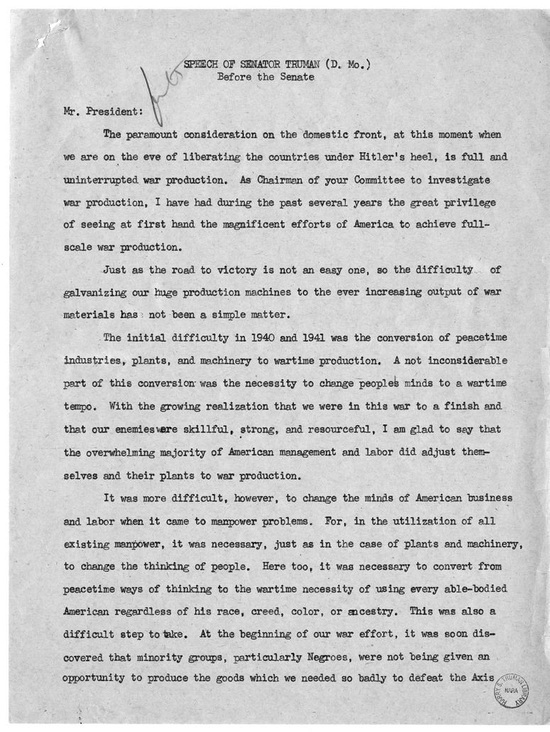 Speech of Senator Harry S. Truman Before the Senate