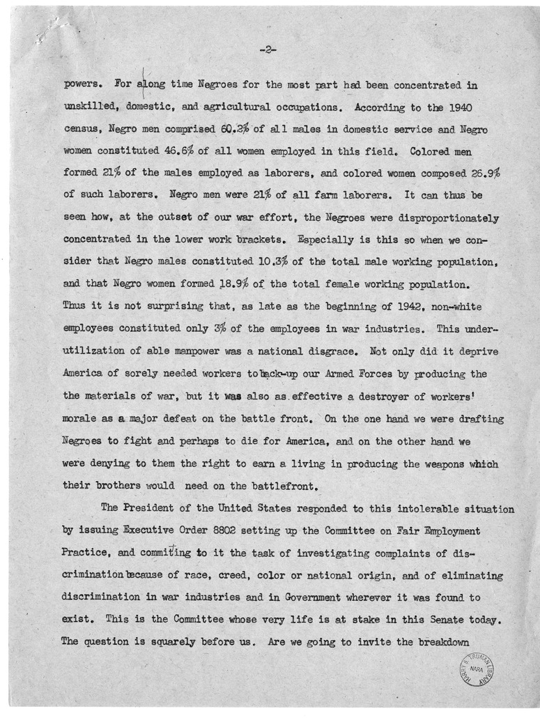 Speech of Senator Harry S. Truman Before the Senate