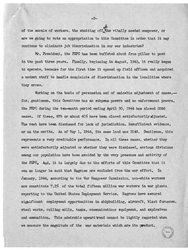 Speech of Senator Harry S. Truman Before the Senate