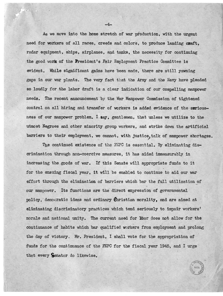 Speech of Senator Harry S. Truman Before the Senate