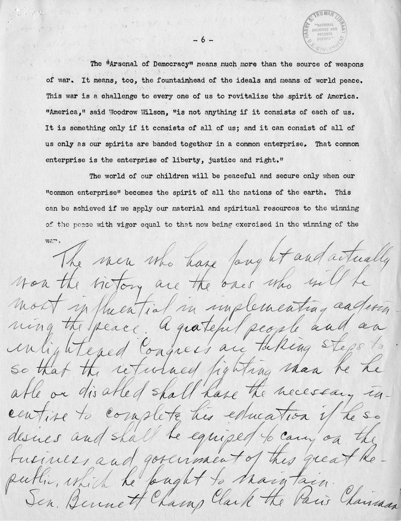 Handwritten Draft Speech of Senator Harry S. Truman Delivered to the American Legion in St. Louis, Missouri