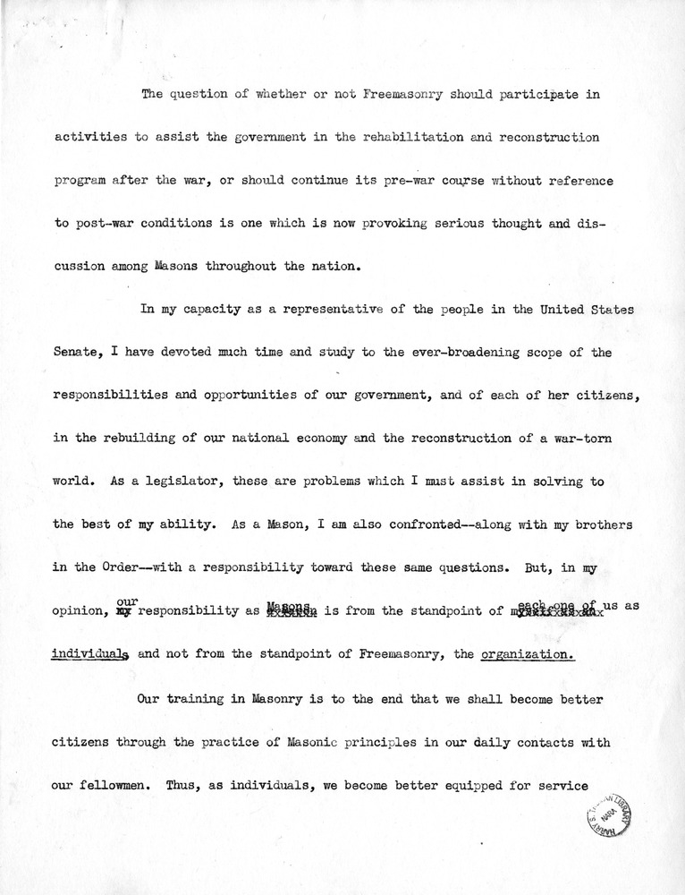 Fragment of Speech of Senator Harry S. Truman