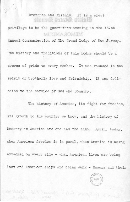 Fragment of Speech of Senator Harry S. Truman Before the 157th Annual Communication of the Grand Lodge, Free and Accepted Masons for the State of New Jersey, Trenton, New Jersey