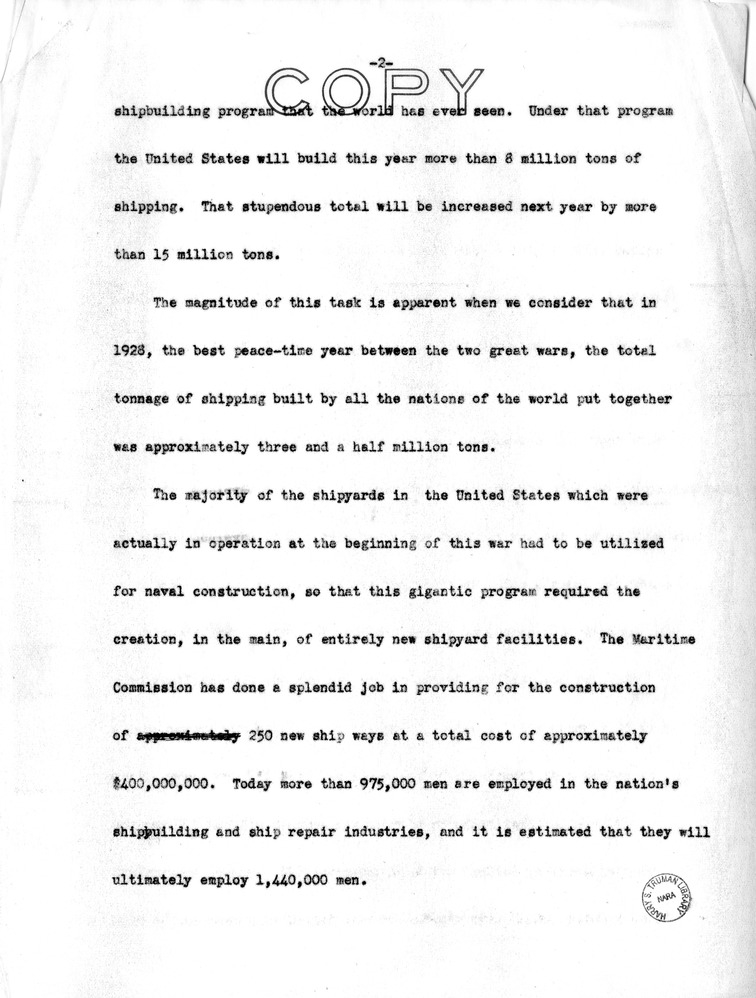 Speech of Senator Harry S. Truman at the launching of 5 cargo vessels in South Portland, Maine