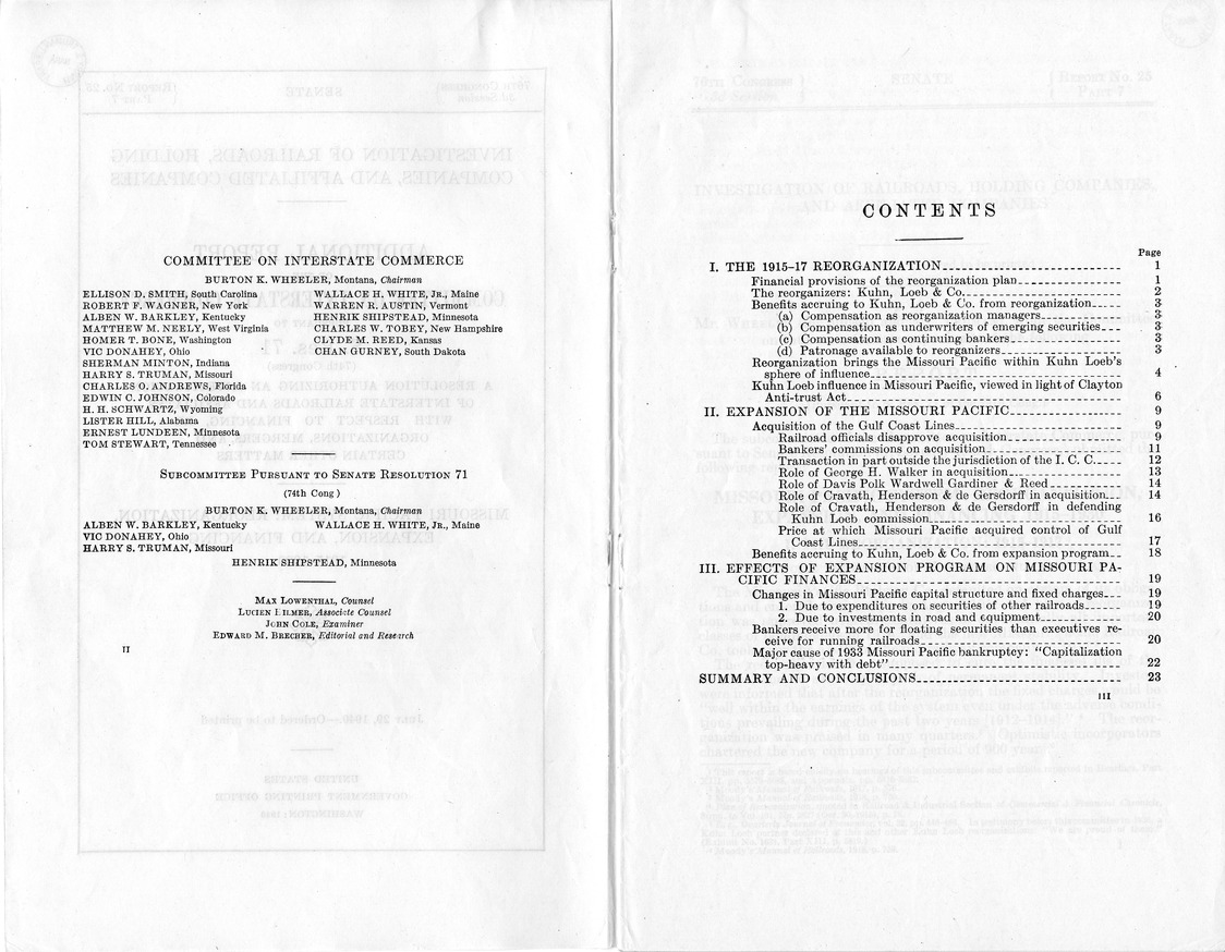 Additional Report of the Committee on Interstate Commerce - Missouri Pacific System: Reorganization, Expansion, and Financing, 1915-1930