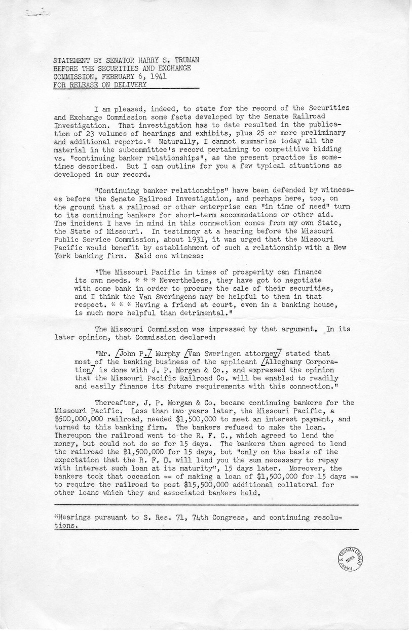 Press Release of Statement by Senator Harry S. Truman Before the Securities and Exchange Commission