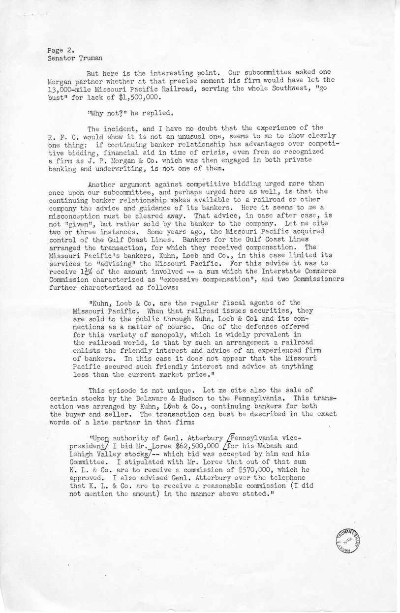 Press Release of Statement by Senator Harry S. Truman Before the Securities and Exchange Commission