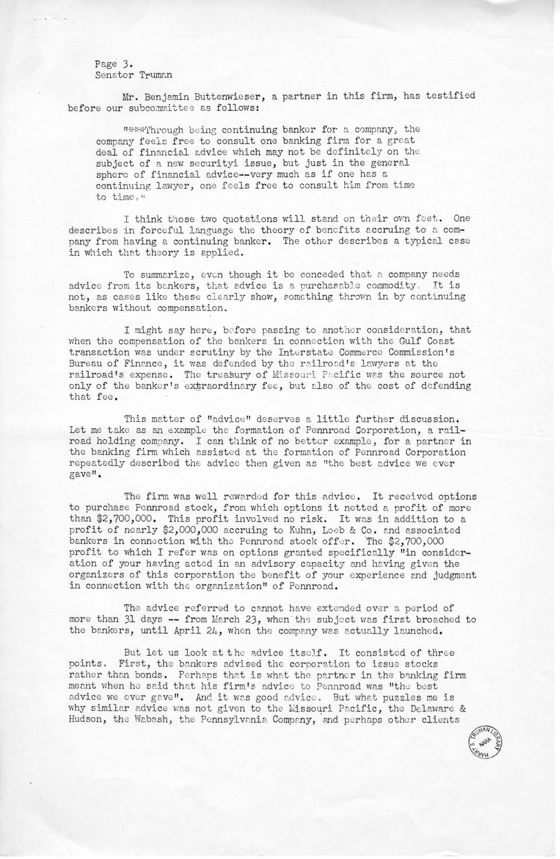 Press Release of Statement by Senator Harry S. Truman Before the Securities and Exchange Commission