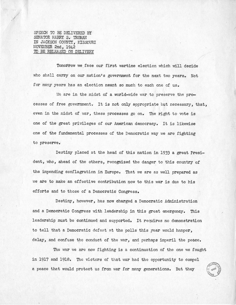 Speech of Senator Harry S. Truman in Jackson Country, Missouri