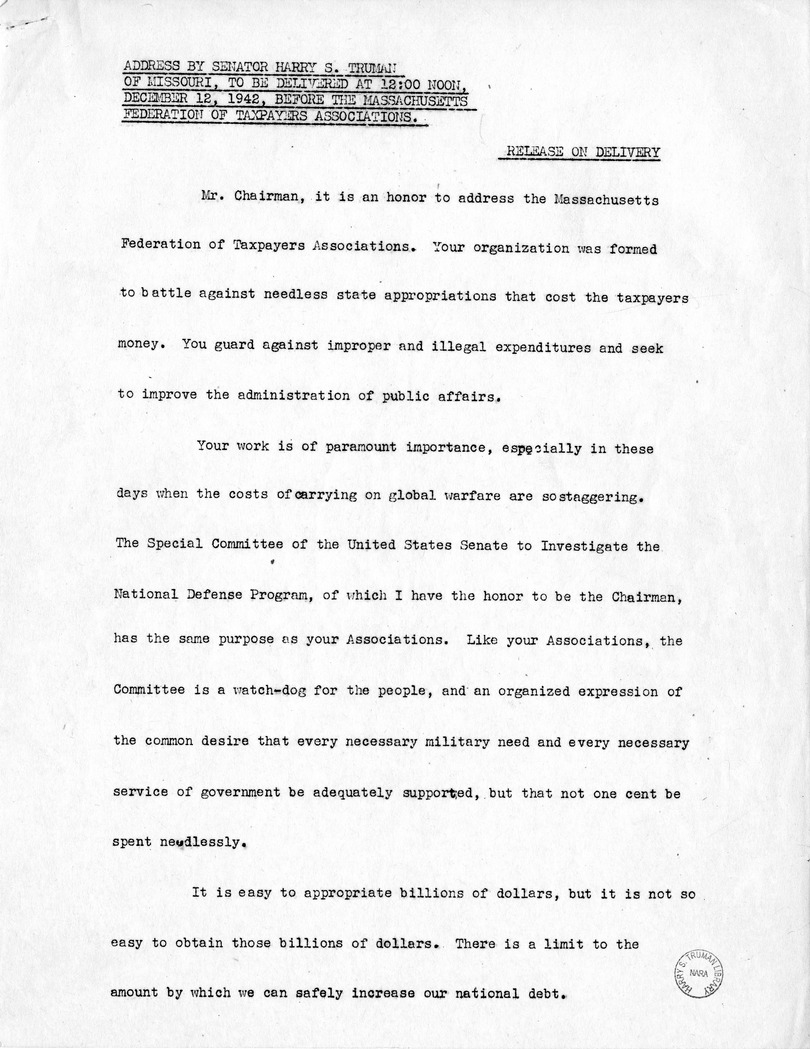 Speech of Senator Harry S. Truman Before the Massachusetts Federation of Taxpayers Associations at Boston, Massachusetts