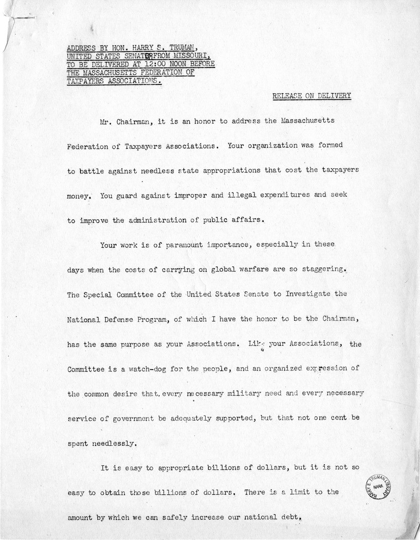 Speech of Senator Harry S. Truman Before the Massachusetts Federation of Taxpayers Associations at Boston, Massachusetts