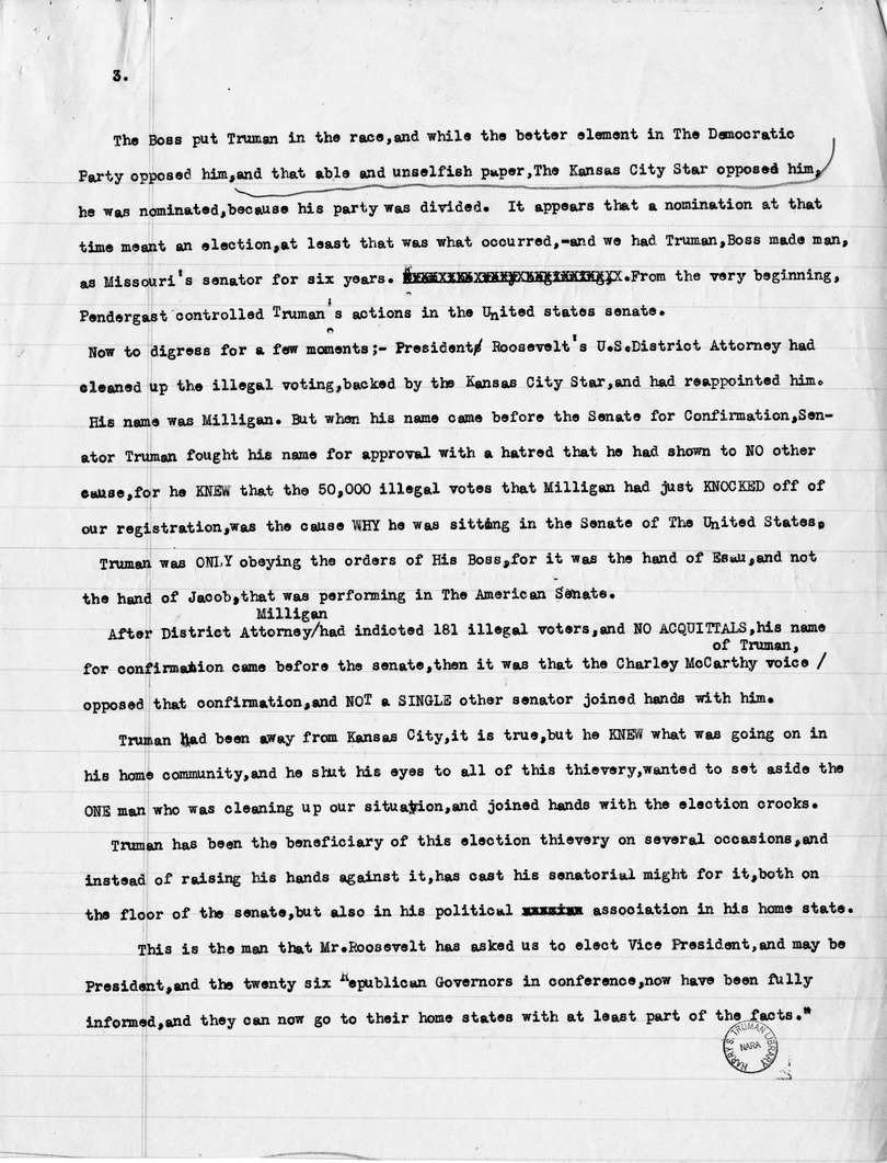 Article "Copy of Story Sent to St. Louis, and Delivered There by Party from Kansas City, MO., for the Sole Purpose of Slandering Senator Harry S. Truman, Nominee for Vice President of the U.S."