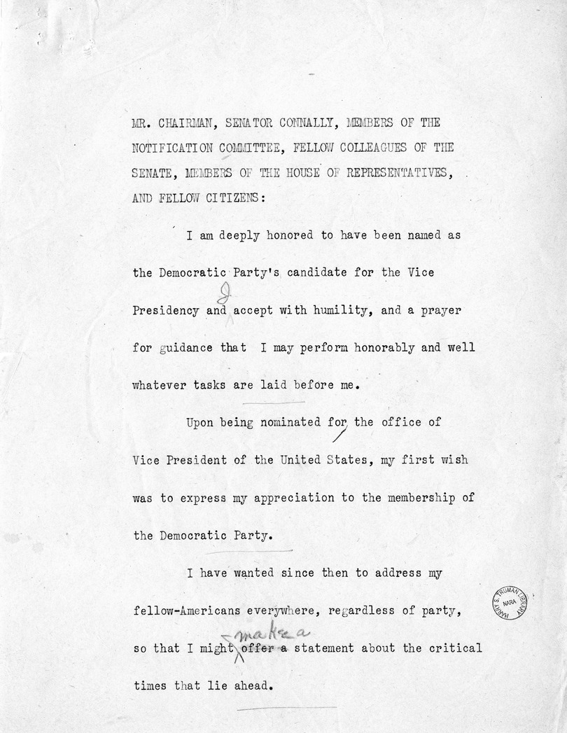 Reading Copy of Acceptance Speech of Vice Presidential Candidate  Harry S. Truman