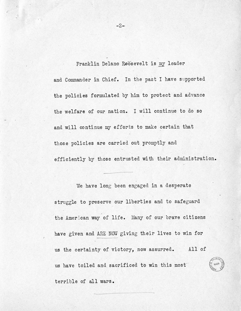 Reading Copy of Acceptance Speech of Vice Presidential Candidate  Harry S. Truman