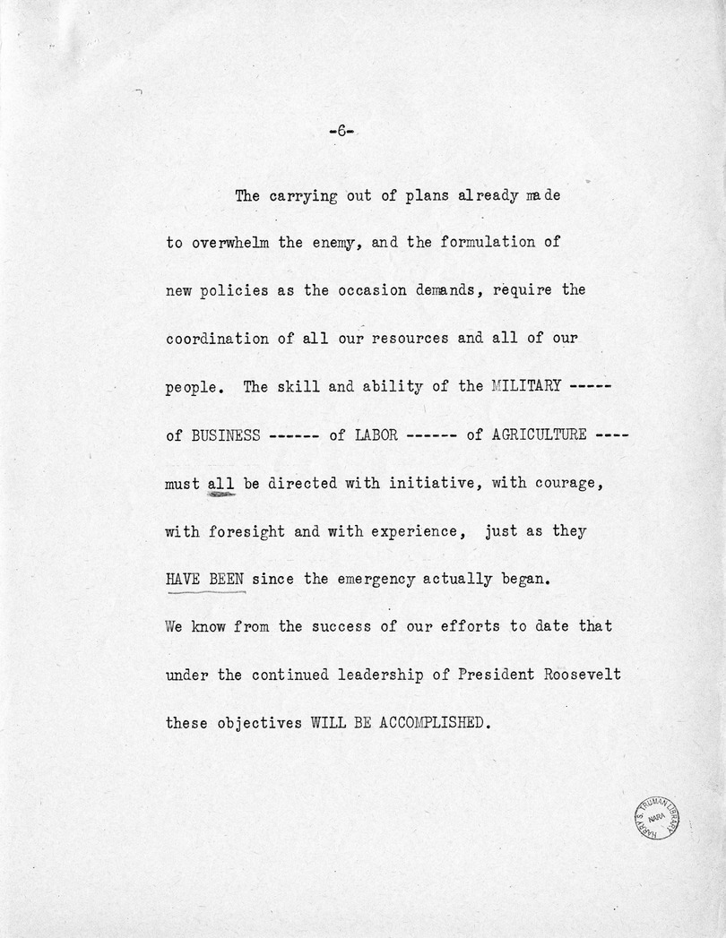 Reading Copy of Acceptance Speech of Vice Presidential Candidate  Harry S. Truman