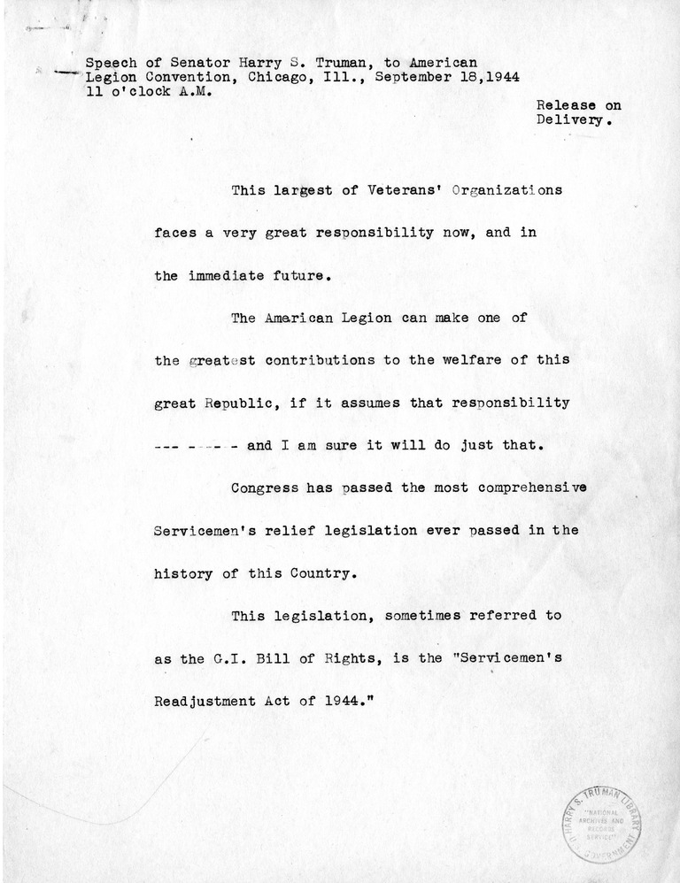 Speech of Senator Harry S. Truman to the American Legion Convention, Chicago, Illinois