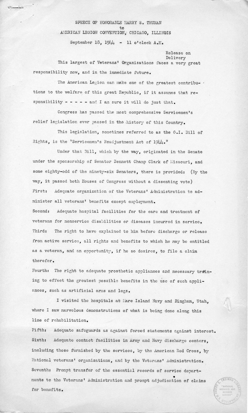 Speech of Senator Harry S. Truman to the American Legion Convention, Chicago, Illinois